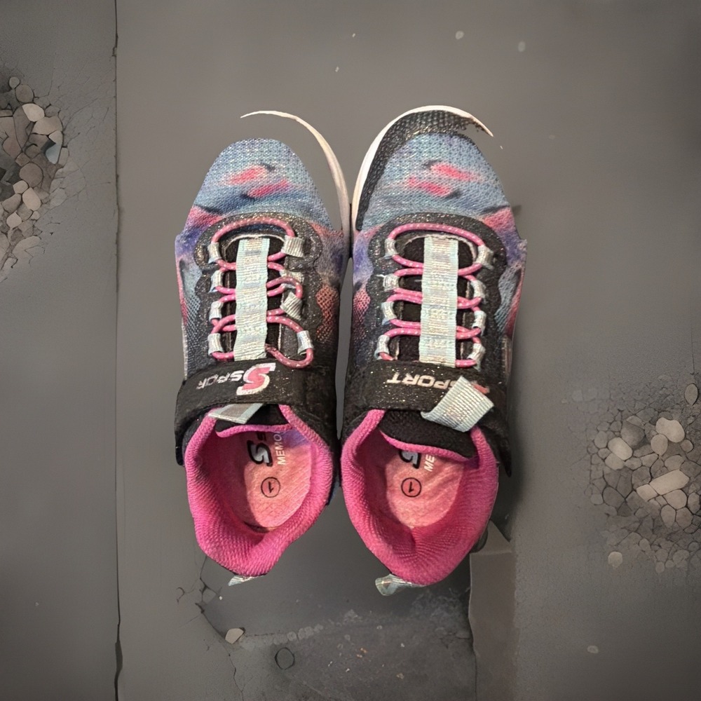 Slip On Bungee Laces hook & Loop Memory Foam Girls Sketchers S Sport CORA Size 1 - Picture 6 of 11